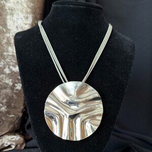Chico's Large Silver Tone Circular Pendant Necklace Adjustable Modernist Classic